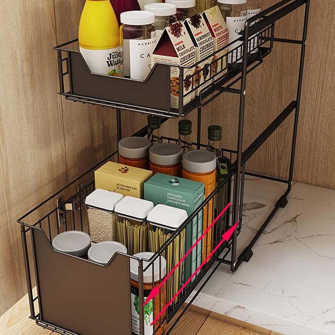 IDEALHOUSE 2-Tier Pull Out Cabinet Organizer, Heavy Duty Slide Out Pantry Shelves Drawer Storage Fixed with Adhesive Film, Sliding Mesh Cabinet Basket for Kitchen Bathroom Home, White