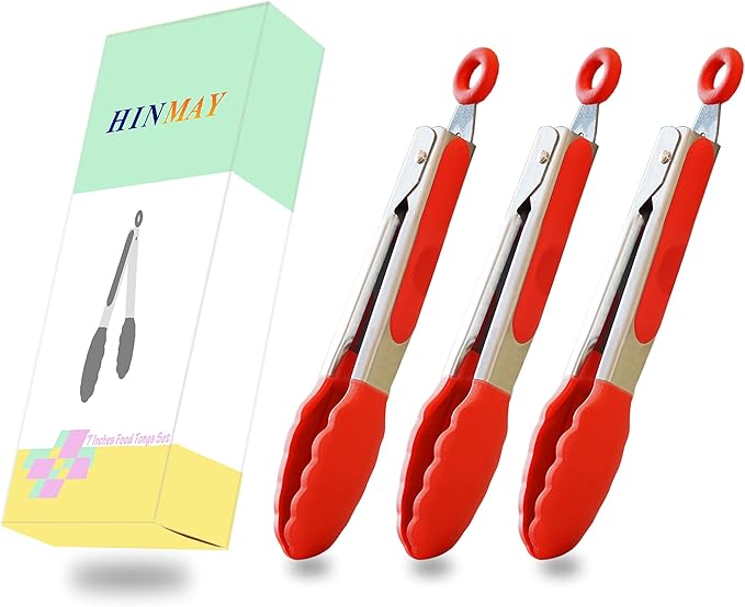 HINMAY 7-Inch Mini Silicone Tongs Small Serving Tongs for Appetizers, Set of 3 (Red)