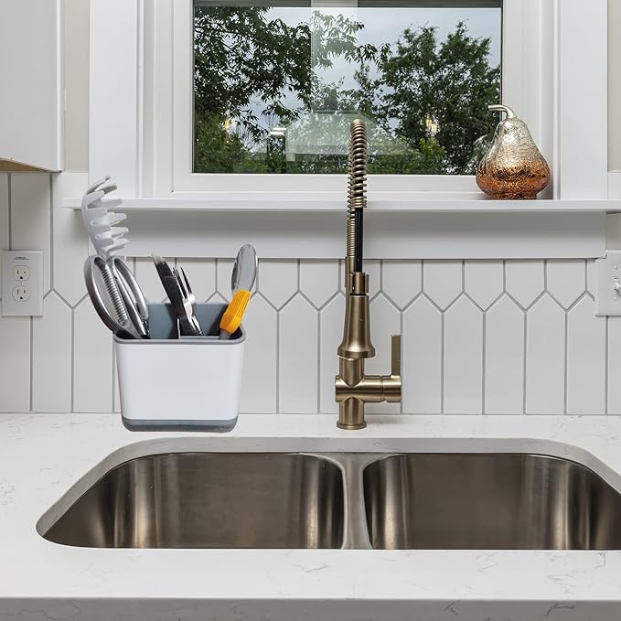 Kitchen Dish Brush Holder, Utensil Drying Caddy, Scrubber/Bottle Brush/Sponge Holder, Kitchen Sink Counter Organizer with Removable Drain Tray, Plastic (Gray and White)