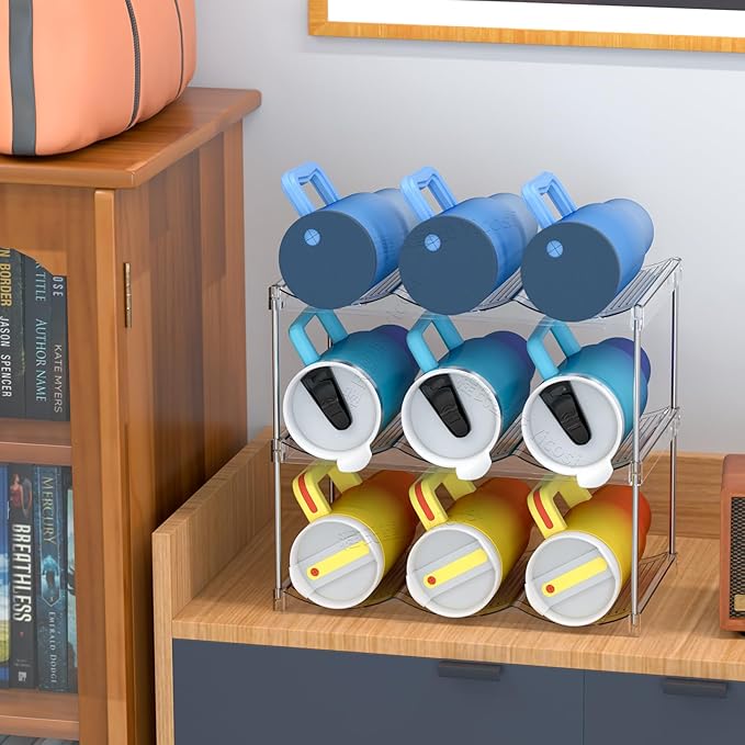 Stackable Water Bottle Organizer for Cabinet,2 Tier Water Bottle Holder for Stanley Yeti 40 oz Bottle Shelf,Clear Tumbler Storage Organizer,Wine Rack,Cup Organizer for Kitchen Cabinets Counter Pantry