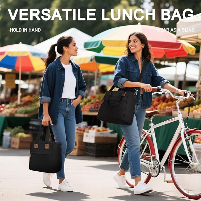 Insulated Lunch Box for Women & Men - Large Thermal Lunch Bag Women with Removable Shoulder Strap, Reusable Lunch Cooler Tote Bags Purse for Adults Work, Picnic, Hiking, Beach, Travel, Large,Black