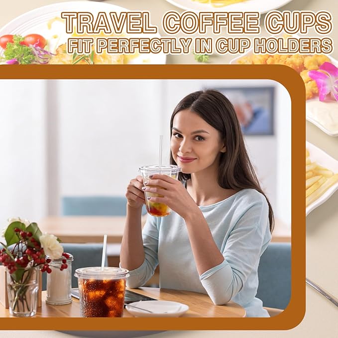 Alaeseje 100 Pack Clear Plastic Cups with Lids and Straws,12 oz Disposable Iced Coffee Cups,PET Crystal Cups,Round Bottom To Go Cup for Iced Coffee Juice Smoothie Cold Beverage