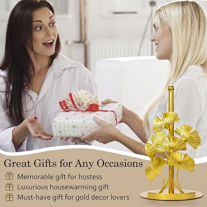 Vintage Gold Ginkgo Paper Towel Holder Countertop - Gold Kitchen Decor and Accessories, Luxury Housewarming Gifts for Women, 3D Ornate Leaf Textured, Retro Design Home Decor, Weighted Base & Felt Pad