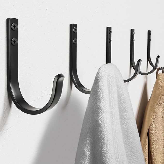 10-Pack Wall Hooks for Hanging Towel/Coat - 22LB Screw in Metal Hanger Wall Mount, for Outdoor, Closet, Door, Bathrooms, for Backpack, Robe, Black