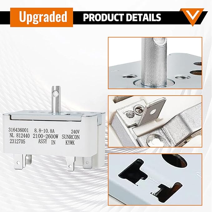 316436001/316021501 Surface Element Burner Infinite Switch,Surface Burner Control Switch Replace Parts 1155395, AP3885460, PS1145040, EAP1145040, Compatible with Frigidaire for Kenmore (8 Inch)