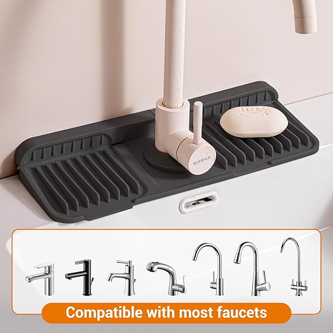 Faucet Mat for Kitchen Sink, 14"X5.5" Silicone Sink Splash Guard with Soap Holder, Snap-On Design & 7°slope Fast Drain, Folding Sink Faucet Mat for Universal Kitchen Bathroom Sink(Black)