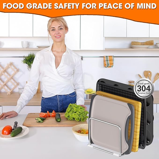 304 Stainless Steel Cutting Board Organizer Rack ā Rustproof Compact 4-Slot Holder for Thin Cutting Boards and Plates ā Premium Kitchen Storage Solution for Countertops and Cabinets