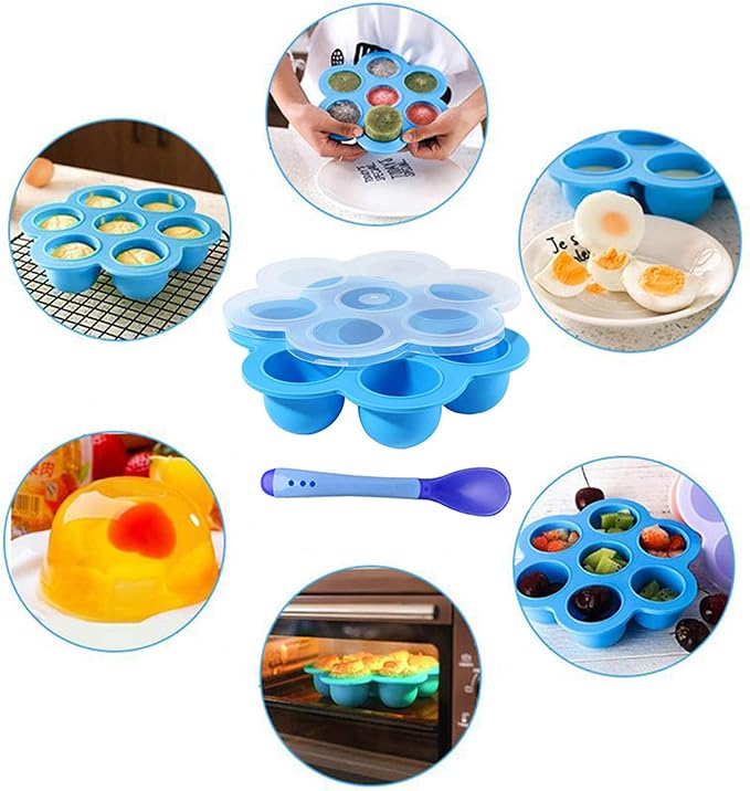 Silicone Egg Bites Mold Set of 4, Steamer Rack with Heat resistant Handle and Spoon,Reusable Sous Vide Egg Poacher with Lid Fits Instant Pot 5,6,8 qt Pressure Cooker