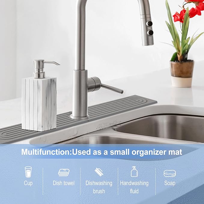 Stone Faucet Mat for Kitchen Sink- 23.6''x 3.9''Diatomite Fast-Drying Faucet Mat, Super Water Absorbing Stone Tray for Sink,Faucet Splash Guard for Bathroom Counter (Dark Gray)