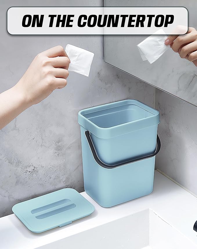 1.3 Gallon Small Trash Can with Lid - Countertop Food Waste Bin, Kitchen Hanging Trash Can for Cabinet Door/Under Sink, Small Garbage Can for Desk, 5L(Subtle Blue)