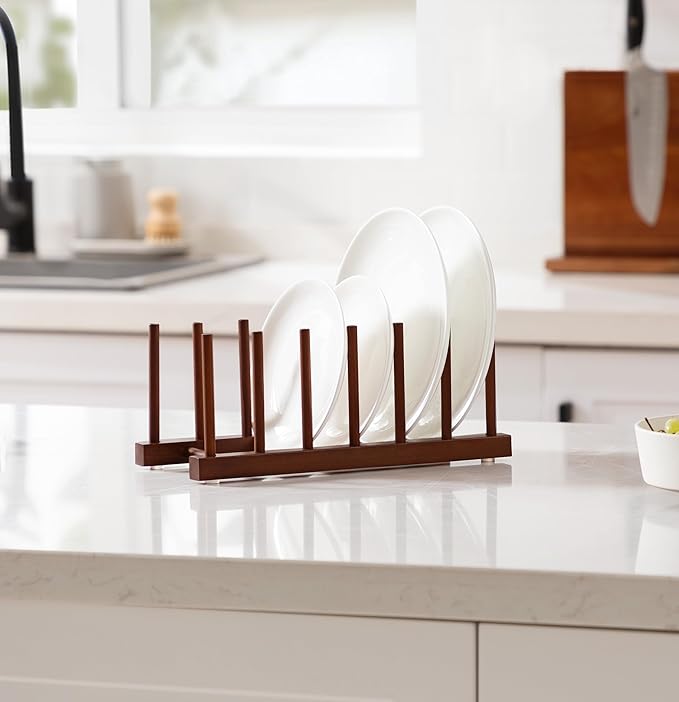HBlife 2pcs 6 Slots Teak Dish Plate Bowl Cup Book Pot Lid Cutting Board Drying Rack Stand Drainer Storage Holder Organizer Kitchen Cabinet(Keep Dry)