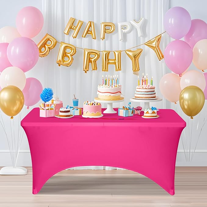 2 Pack 6 Feet Fuchsia Spandex Tablecloth for Rectangular Tables, Fitted & Stretch, Washable, Wrinkle Resistant, Perfect for Event, Wedding, Party, Banquet, Cocktail, Festival, and Table Protector