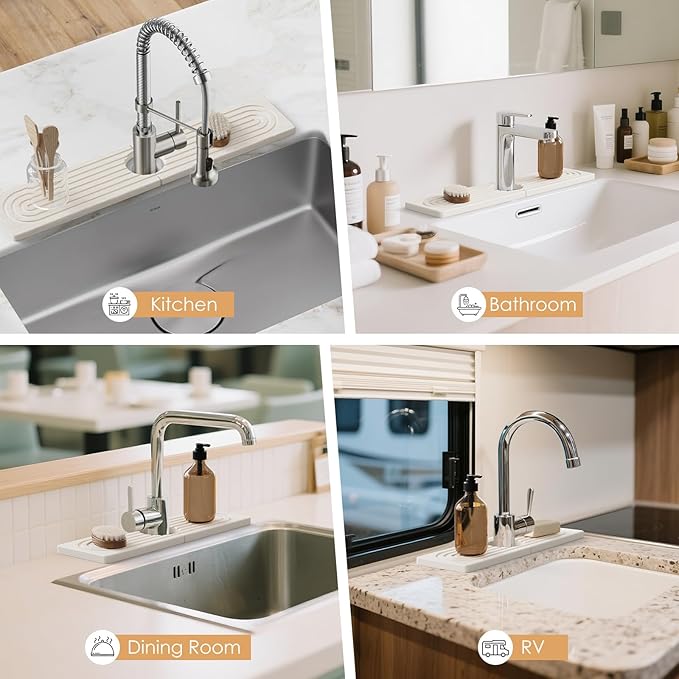 23.6''x4.8''Long Stone Faucet Mat for Kitchen Sink,Diatomite Quick Dry Kitchen Sink Splash Guard,Drying Stone Sink Tray,Super Absorbent,Sink Stone Quick Dry Around Faucet For Bathroom Counter-White