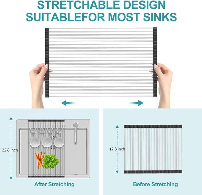 BBXTYLY Extra Large Expandable Roll Up Dish Drying Rack,Over The Sink Drying Rack Sink Cover Kitchen Sink Accessories Kitchen Rolling up Stainless Steel Drainer, Foldable,Rollable(Black,25.1''-17.3'')