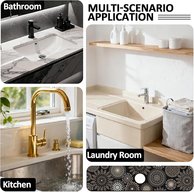 2 Pcs Kitchen Sink Splash Guard Faucet Mats Mandala Pattern Faucet Mat for Sinks Leaves Absorbing Drying Mat for Kitchen Bathroom, 23.6x5.5inch