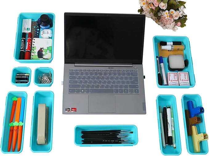15 PCS Interlocking Desk Drawer Organizer Separator for Office,Bathroom,Kitchen,Makeup(Blue&Green)
