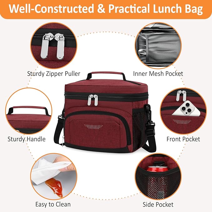 Vankor Large Insulated Lunch Bag for Men Women kids, Reusable Lunch Box kids Leakproof with Adjustable Shoulder Strap for Work Teacher School Picnic Beach Travel, Burgundy