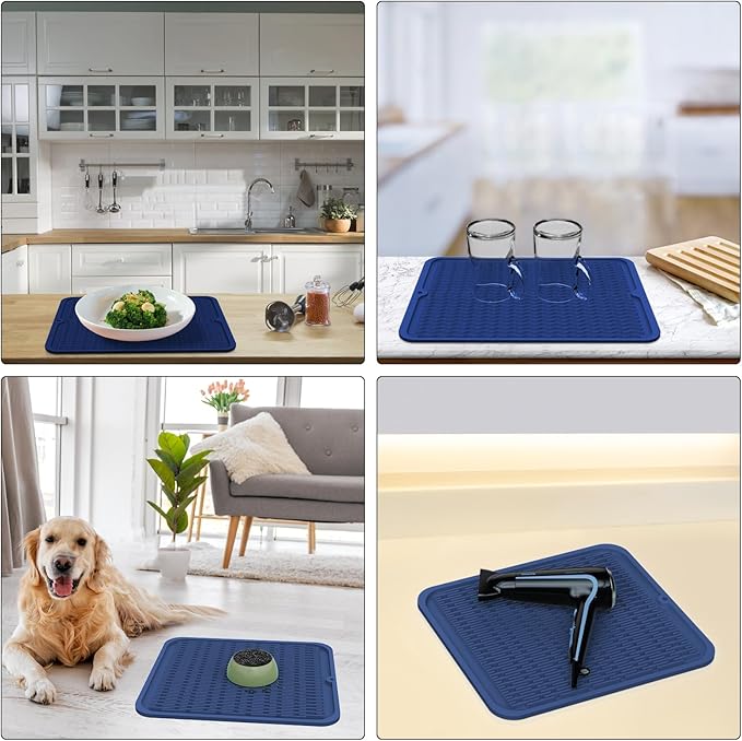 ZLR Silicone Dish Drying Mat 12" x 12" Square - Small Heat Resistant Trivet & Countertop Protector for Air Fryer, Coffee Maker - Waterproof Kitchen Drain Pad for Cups, Fruit (Midnight Blue)