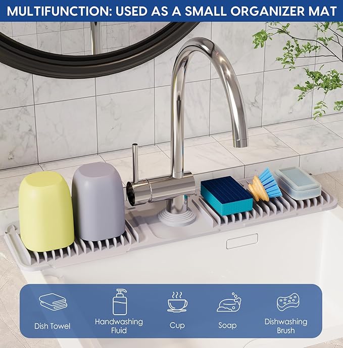 24 Inch Silicone Faucet Mat for Kitchen Sink Splash Guard - 7ยฐ Slope Upgraded Water Draining Mat with Fasten Button for Bathroom Area (Gray, 24''x5.5'')