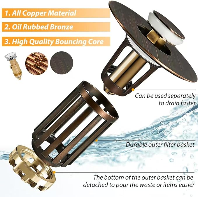 3 in 1 Pop Up Bathroom Sink Stopper, Bathroom Sink Drain Strainer, with Removable Basket Hair Catcher, Universal Sink Plug Cover for 1.06 in to 1.6 in Drain, Oil Rubbed Bronze
