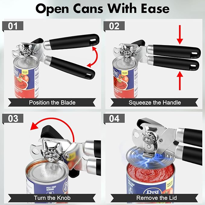 3PCS Can Opener Manual & Bottle Opener & Wine Opener, Smooth Edge Can Openers with Strong Magnet, Heavy Duty Stainless Steel Abrelatas Handheld Waiter Corkscrew - Premium Kitchen Supplies (Black)