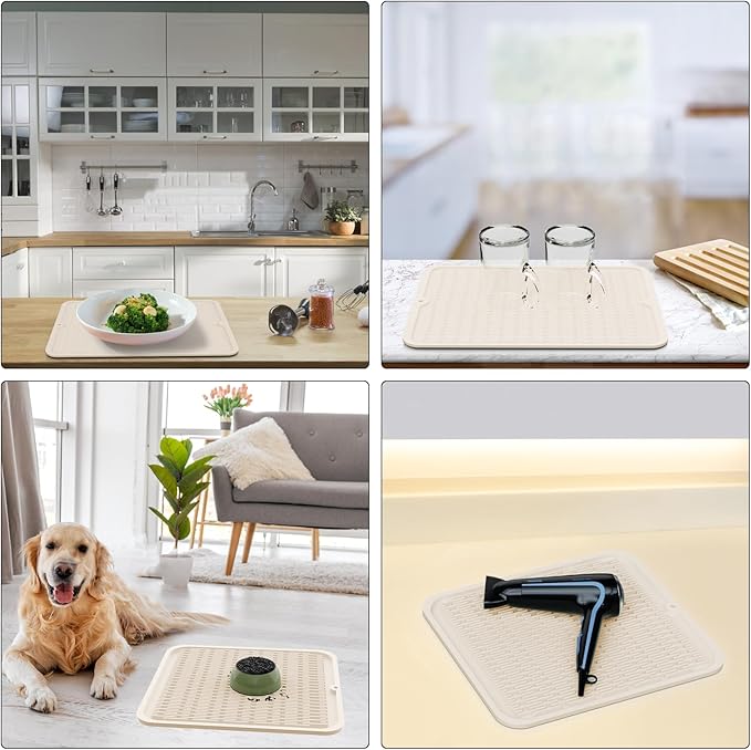 ZLR Silicone Dish Drying Mat 12" x 12" Square - Small Heat Resistant Trivet & Countertop Protector for Air Fryer, Coffee Maker - Waterproof Kitchen Drain Pad for Cups, Fruit (Cassava White)