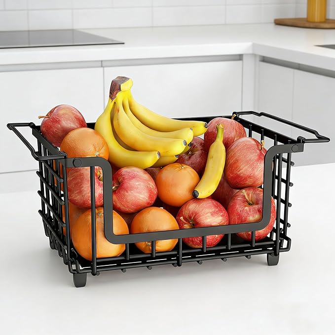 1 Pack Stackable Metal Wire Vegetable Fruit Basket for Kitchen Counter Cabinet, Pantry Organizers and Storage Basket, Food Can Snack Onion Potato Bread Storage Shelf Freezer Organizer Bins Black