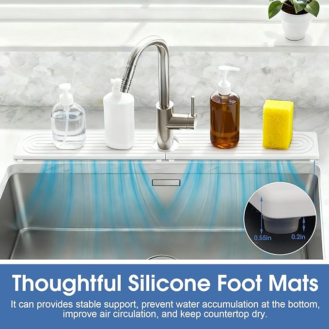 Stone Faucet Mat for Kitchen Sink, Silicone Faucet Handle Drip Catcher Tray Mat, Silicone Kitchen Sink Splash Guard for Bathroom Counter Kitchen Counter Accessories, White, 30" x 4"