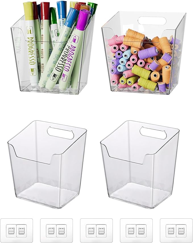 Clear Adhesive Wall Storage Bins, 4 Pack Cabinet Door Organizer Holders, Hanging Wall Mount Pockets, Plastic Cups for Shower Bathroom Makeup Office Craft Remote Kitchen Sink RV Organization (Small)