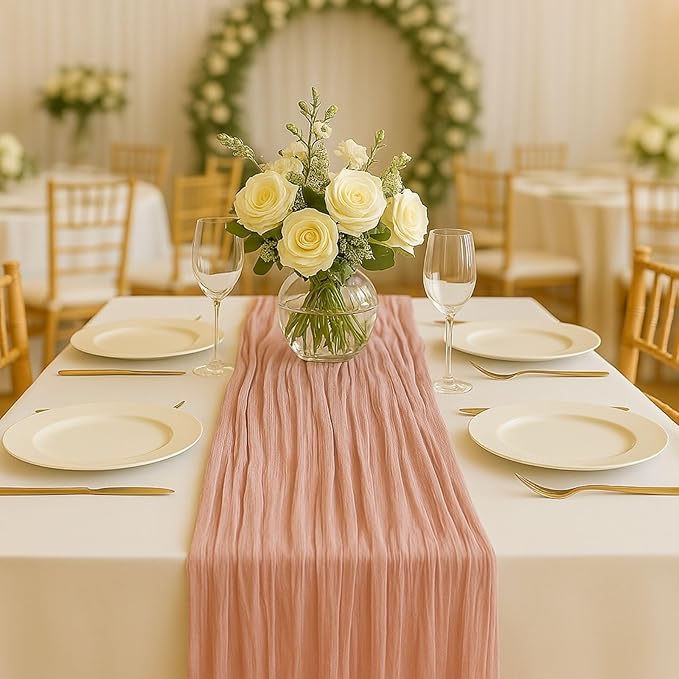 10FT Dusty Pink Cheesecloth Table Runner – 120 Inch Blush Gauze Table Decor for Baby Girl Shower, Bridal Brunch, Mother’s Day, or Romantic Vintage Party Setup
