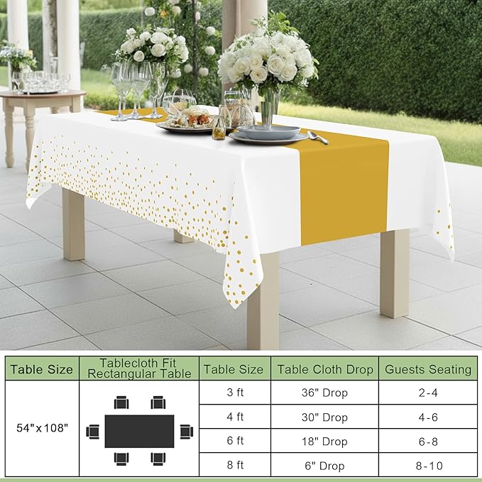 Smiry Plastic Table Cloth Disposable 4 Pack, 54 x 108 Inch Rectangle Waterproof Tablecloth, Printed Gold Table Runner Style for Birthday Weeding, Party Decorations, Leakproof & Sturdy, White and Gold