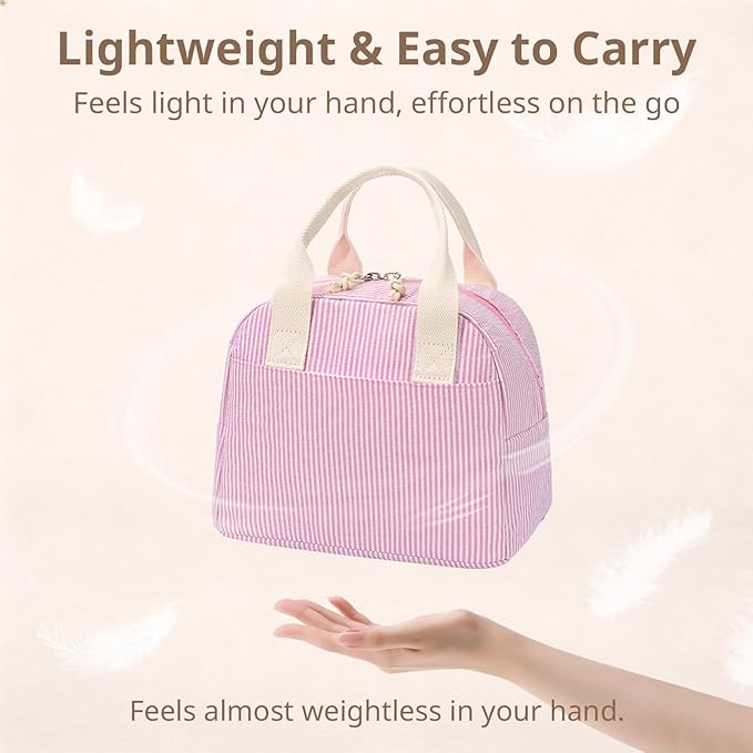 LOVELYWIND Insulated Lunch Bag for Women, Reusable Pink Striped Lunch Box Cooler Bag with Large Capacity, Durable Lunch Tote for Work