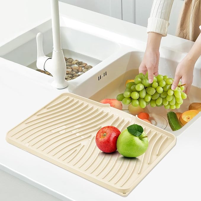 Silicone Dish Drying Mat for Kitchen Counter, Dish Drying Pad, Non-Slip Drain Pad with Built-in Drain, Heat Resistant Stone Drying Mat(Yellowish 16" x 12")