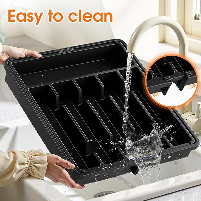 Silverware Organizer,Adjustable & Expandable Utensil Drawer Organizer, BPA Free Utensil Holder, Cutlery Tray for Forks, Spoons, Knives in Kitchen, Large, Black