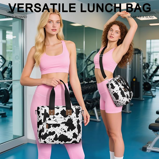 Insulated Lunch Box for School - Large Thermal Lunch Bag Women with Removable Shoulder Strap, Reusable Lunch Cooler Tote Bags Purse for Adults Work, Picnic, Hiking, Beach, Travel, LargeCowprint