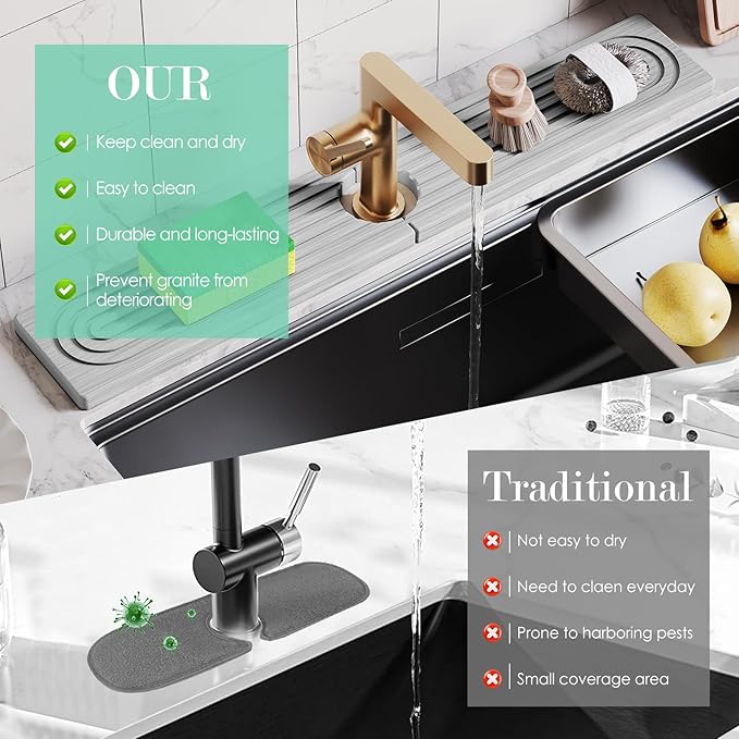Stone Faucet Mat for Kitchen Sink, Diatomite Drying Stone Tray & Sink Protector, Water-Absorbing Splash Guard, Prevent Moisture on Kitchen & Bathroom Counter (Light Grey,23.6" x 3.9")