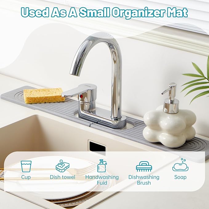 Stone Faucet Mat for Kitchen Sink with Oval Hole – 23.6" × 3.9" Diatomite Drying Stone Mat & Sink Protector, Quick-Dry Splash Guard Water-Absorbing Tray for Bathroom Counter(Gray.23.6" x 3.9"