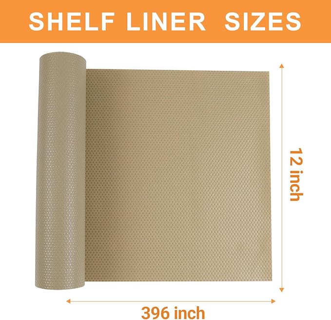 FLPMIX Kitchen Cabinet Liner Non-Adhesive: Waterproof Bathroom Drawer Liners Mat - Easy to Cut Small Cupboard Shelf Liner for Pantry Shelves - Oil-Proof Khaki 12" x 396"