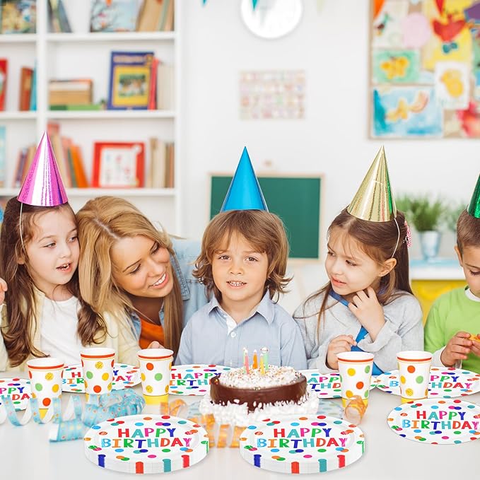 50PCS Birthday Plates and Napkins Party Decorations, 7inch Colorful Dots Happy Birthday Dessert Plates Cake Plate Disposable Paper Tableware Dinnerware Set for Birthday's Party Supplies