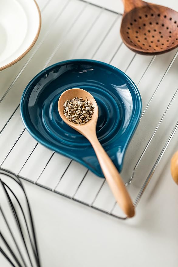 LAUCHUH Spoon Rest for Stove Top, Ceramic Spoon Holder for Kitchen Countertop, Large Cooking Utensil Rest for Spatula, Spoons or Tongs, Framhouse Decor, Blue, 5 Inches