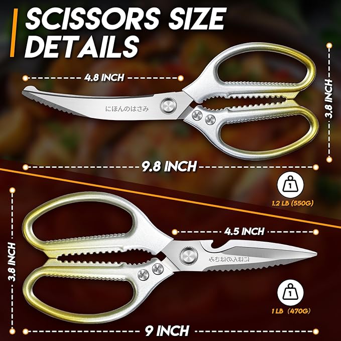 TIJERAS Kitchen Scissors Set Gold - Stainless Steel Kitchen Shears, Sharp Meat Scissors, Heavy Duty Poultry Shears, Japanese Cooking Scissor for Food, Chicken, and Turkey, Gifts for Women Men