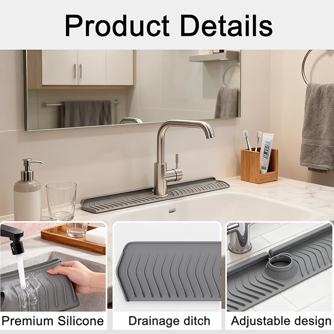 30 Inch Silicone Kitchen Sink Faucet Mat, Adjustable Waterproof Splash Guard Draining Mat Keep Countertops Dry (Gray)
