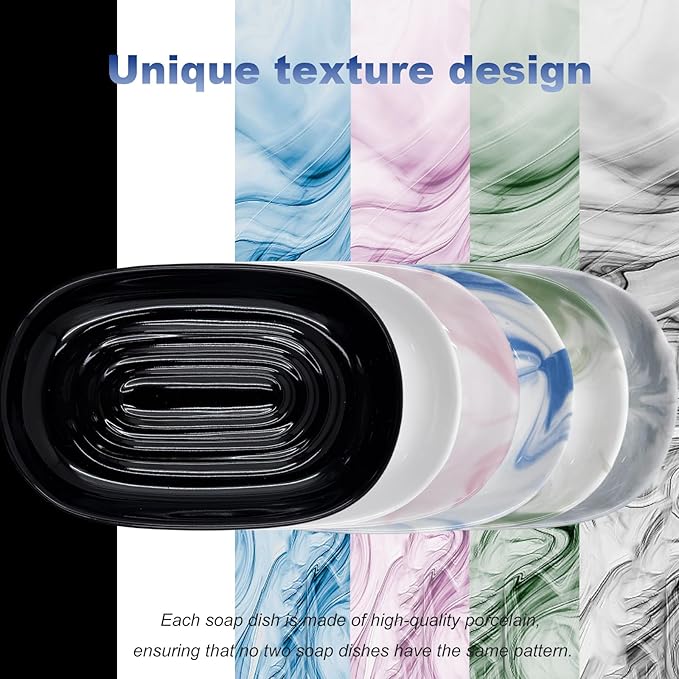 Soap Dish, Ceramic Soap Dish with Marble PatternShower, Soap Saver Tray for Bathroom, Kitchen Sink & Vanity, Multi-Use Holder for Jewelry, Rings, Keys (2 Pack, Black)