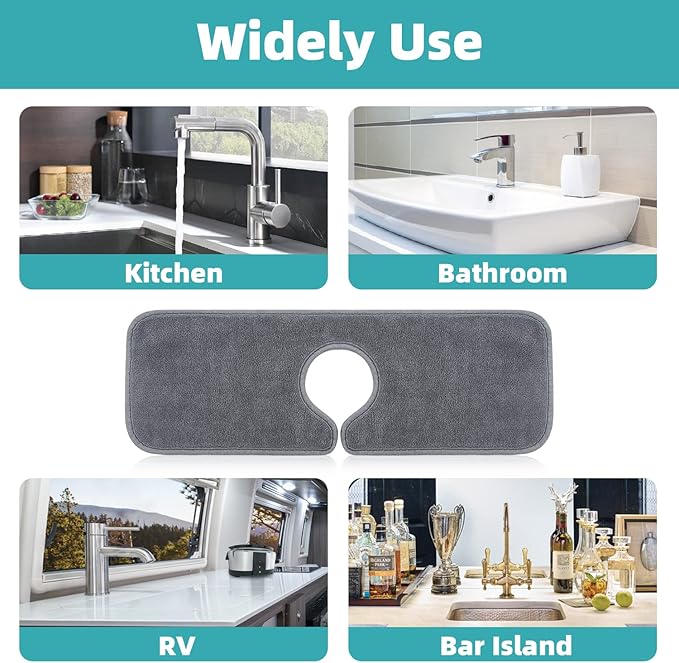 PoYang 2 Pack Faucet Mat for Kitchen Sink Splash Guard Short: Super Absorbent Microfiber Sink Water Splash Guard Behind Kitchen Faucet Mat for Bathroom, RV Protector, Machine Washable 17.7'' x 4.7''