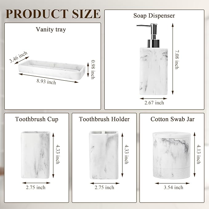 YMXYJM Bathroom Accessories Set, 6 Piece Bathroom Set with Toothbrush Holders, Soap Dispenser, Vanity Tray, Tumbler, Cotton Swab Jars, Bathroom Organizer,Bathroom Sink Sets, Artificial Marble White