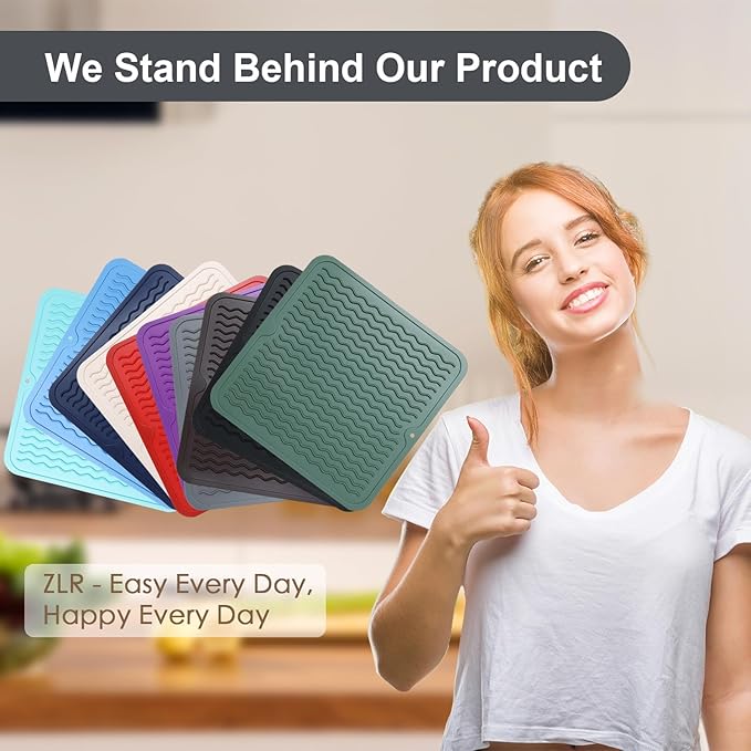 ZLR 2 Pcs Silicone Dish Drying Mat 12" x 12" Square - Small Heat Resistant Trivet & Countertop Protector for Air Fryer, Coffee Maker - Waterproof Kitchen Drain Pad for Cups, Fruit (Black)