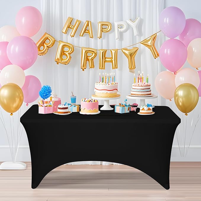 2 Pack 4 Feet Black Spandex Tablecloth for Rectangular Tables, Fitted & Stretch, Washable, Wrinkle Resistant, Perfect for Event, Wedding, Party, Banquet, Cocktail, Festival, and Table Protector
