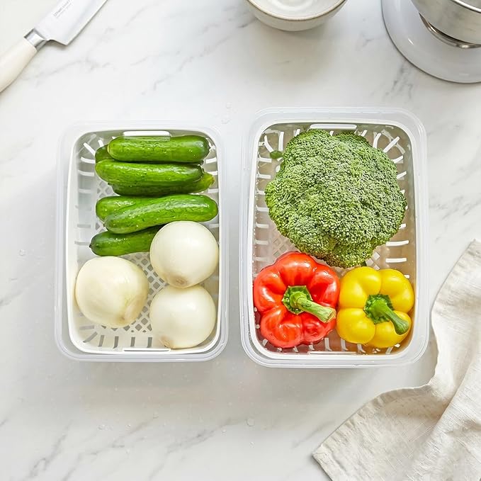 carrotez 3.0 Cup Produce Saver Container for Fridge with White Colander, Airtight Fruit & Vegetable Storage Bin, Removable Strainer Basket, BPA-Free, Stackable, 700ml