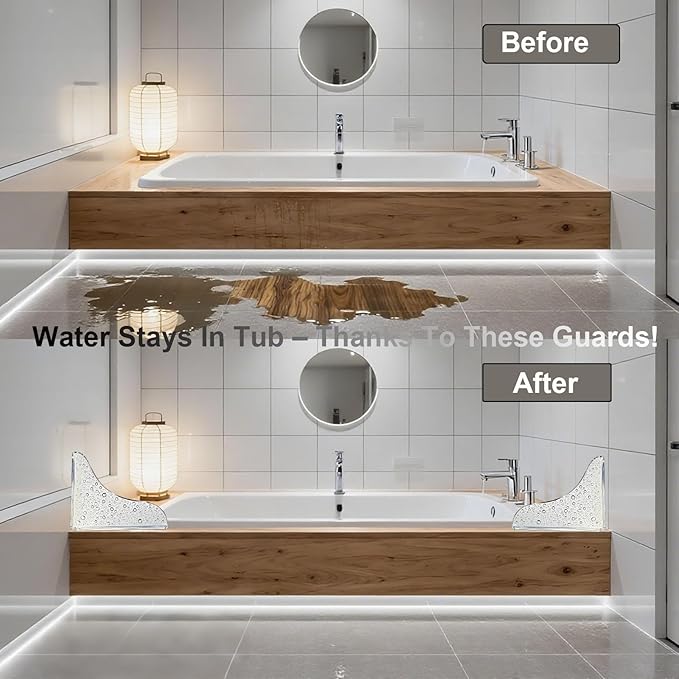 2PCS Shower Splash Guard for Bathtub Corner, Adhesive Clear Waterproof Shield, Removable Bathtub Water Guards Barrier Shower Water Guard to Keep Bathroom Floor Dry for Tub, Shower, Kitchen Sink