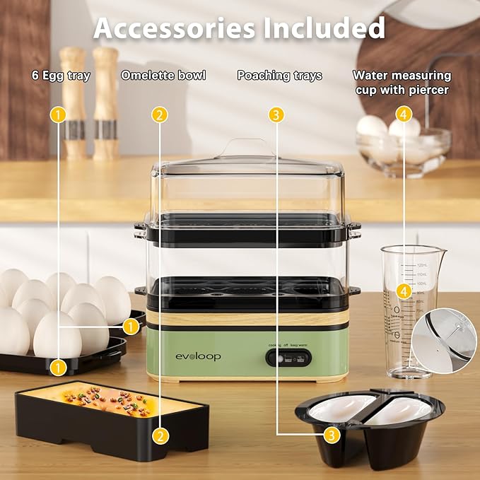 Evoloop Rapid Egg Cooker Electric 12 Eggs Capacity, Soft, Medium, Hard Boiled, Poached, Omelet Maker Egg Poacher & Vegetable Steamer, BPA Free Tray(Green)